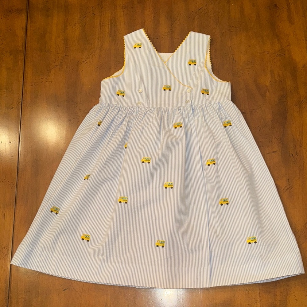 NWOT Stellybelly Embroidered School Buses Wrap Dress Light Blue Stripe - 8